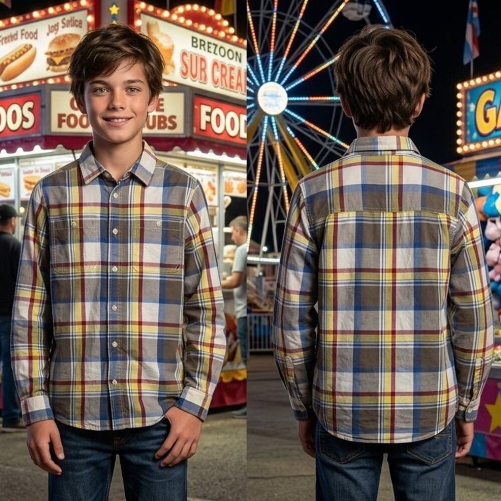 OshKosh B'gosh Boys Plaid Button Up Shirt Size 12 Long Sleeve Red Blue Cotton
